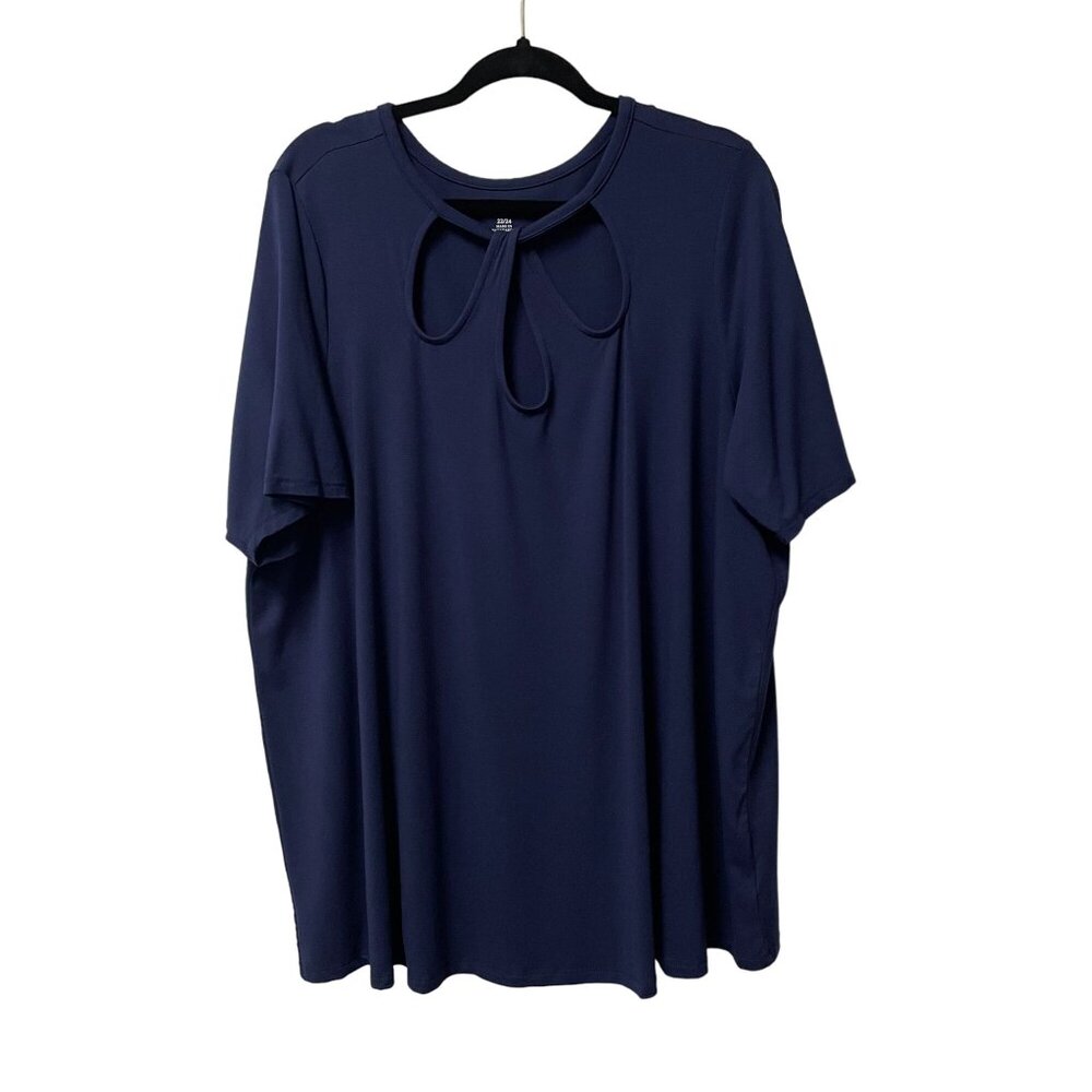 JESSICA LONDON BLOUSE SHIRT KEYHOLE FRONT FLOWY STRETCH SIZE 22/24 (1X) BLUE